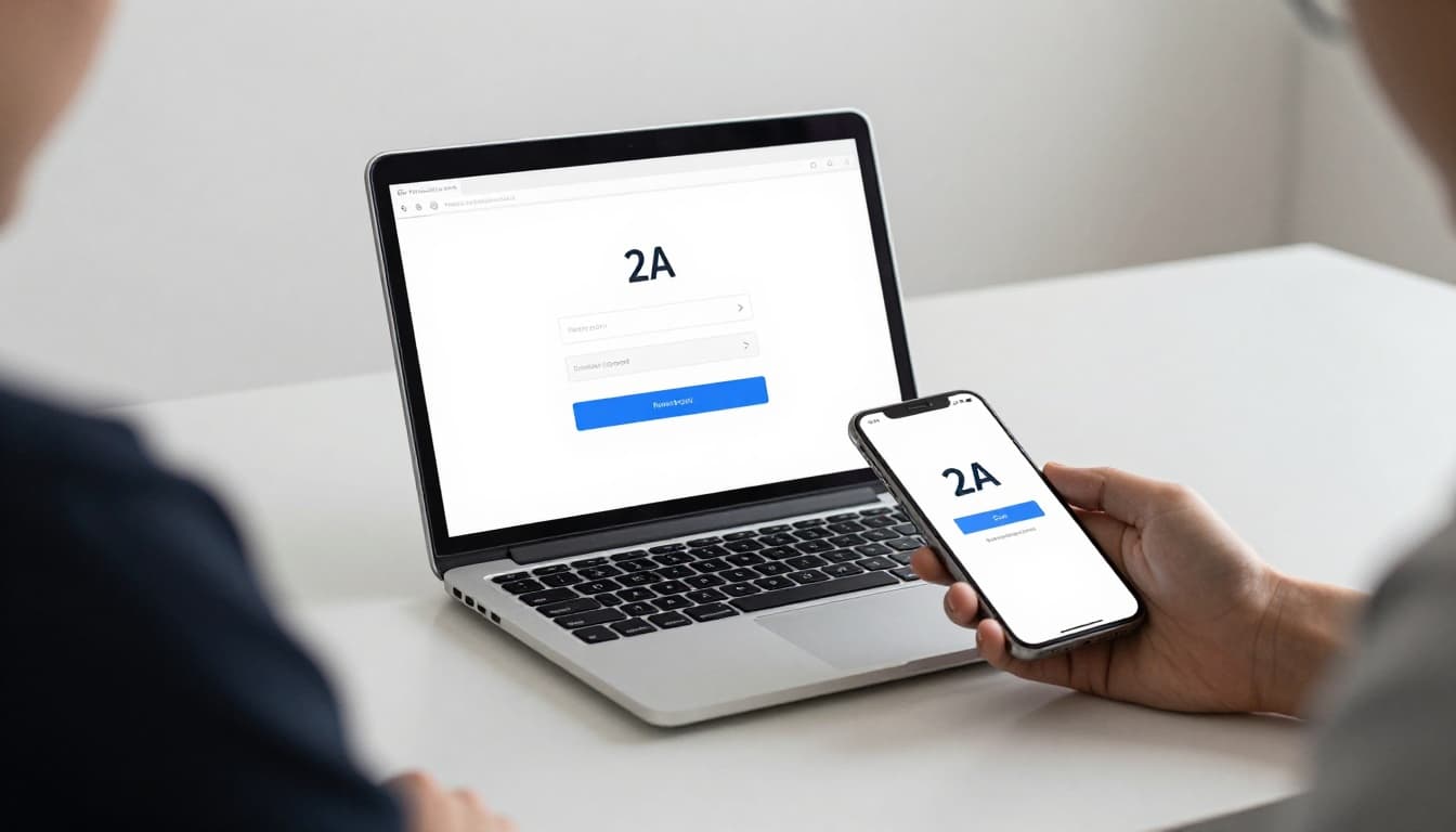 A person sits at a modern desk with a laptop open to a login screen and a smartphone receiving a 2FA code notification nearby. The hand rests relaxed on the phone, illustrating the step of approving the second factor after entering the password, in a cinematic style with dramatic lighting and neutral tones.