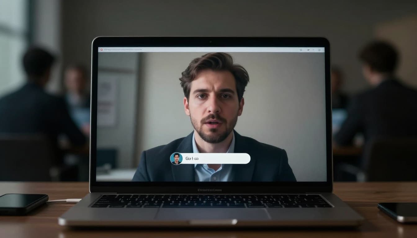 Single person in tense conference room views AI-generated deepfake video of fake executive call on laptop screen, shadowy background figure, cinematic dramatic lighting.