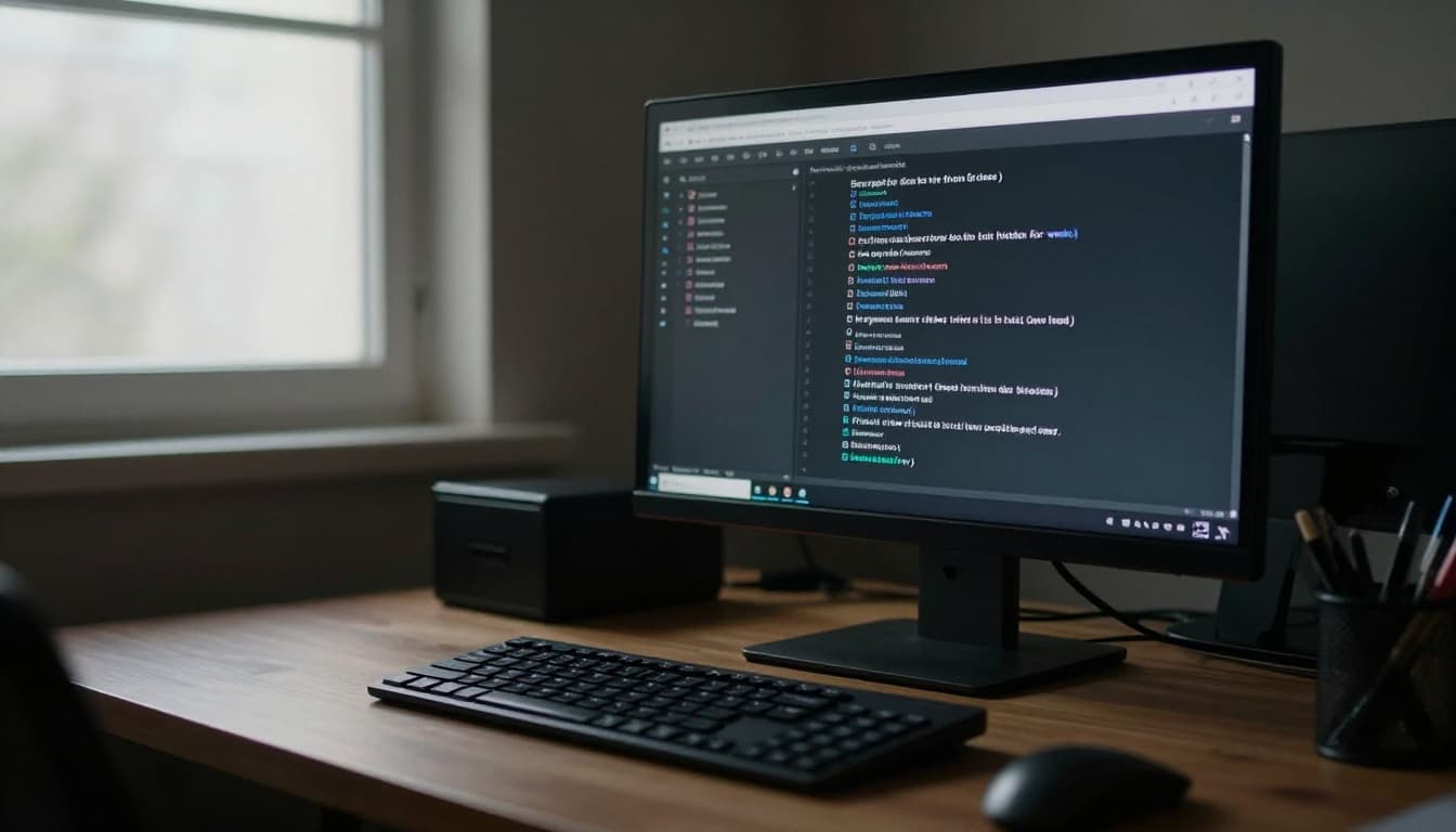 Close-up of a desktop computer on a wooden desk with antivirus software interface scanning files on screen, soft office lighting from window, cinematic style with strong contrast, depth, and dramatic lighting. No people, text, logos, or watermarks.