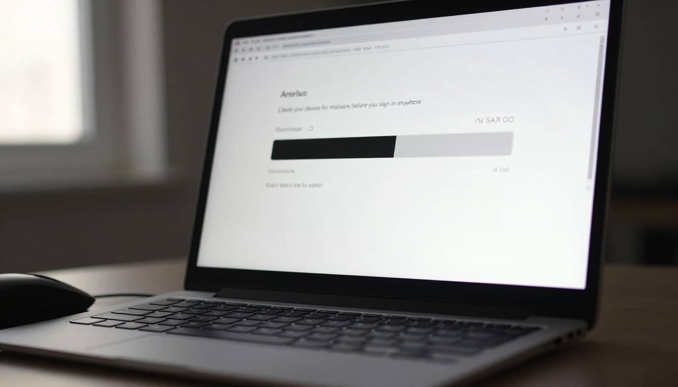 Close-up of a desktop computer screen showing an antivirus scan in progress with a progress bar, keyboard and mouse nearby, illuminated by soft window light creating strong contrast and shadows in a cinematic high-contrast style. Clean modern setup with generic progress indicators, no readable text, people, logos, or watermarks.
