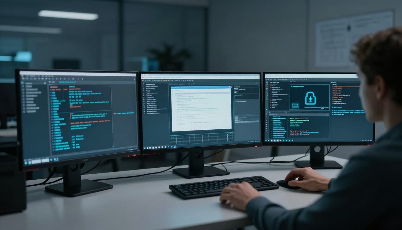 A beginner sets up a virtual machine home lab on dual monitors in a focused workspace, featuring virtual networks and security tools, captured in a cinematic wide shot with muted blue-gray tones, strong contrast, and dramatic lighting.