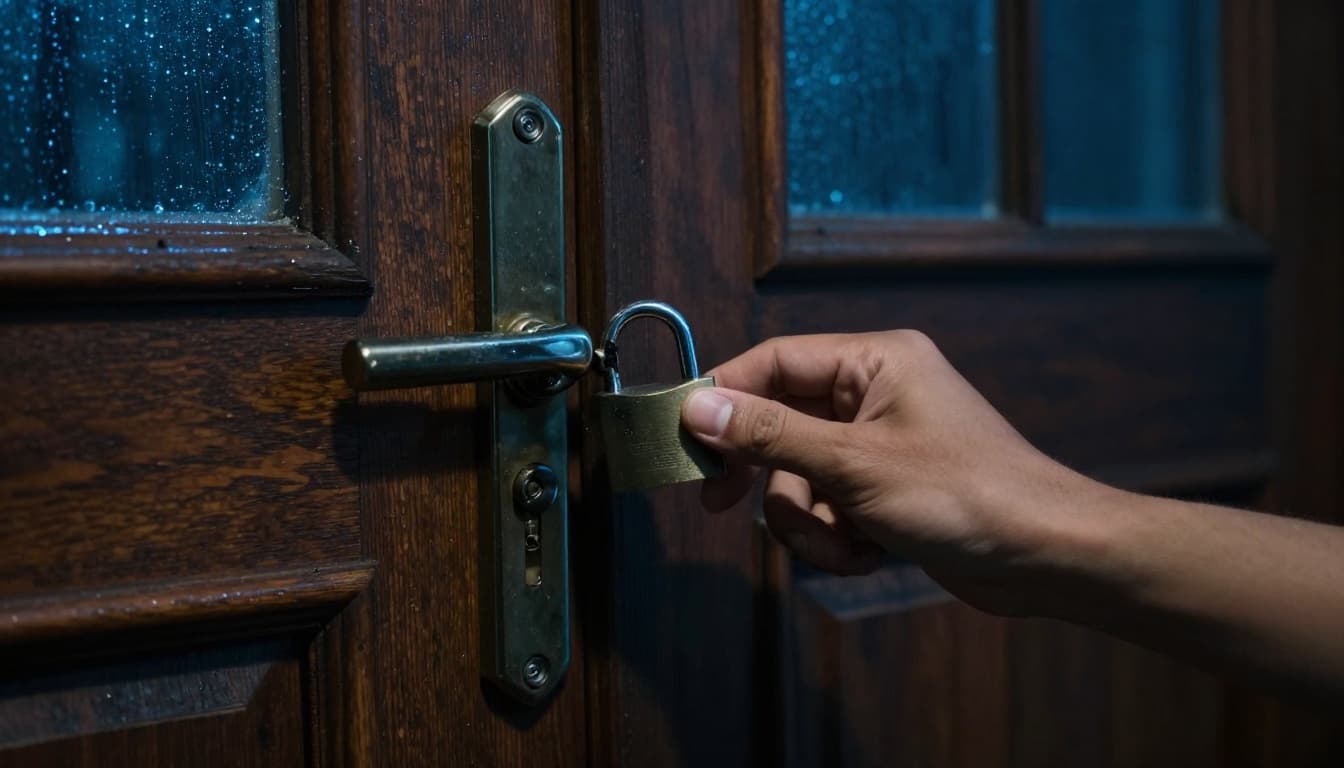 A hand inserts a new shiny padlock into a broken lock on a sturdy wooden front door during a dark rainy night, with cinematic lighting from a streetlamp emphasizing security repair.