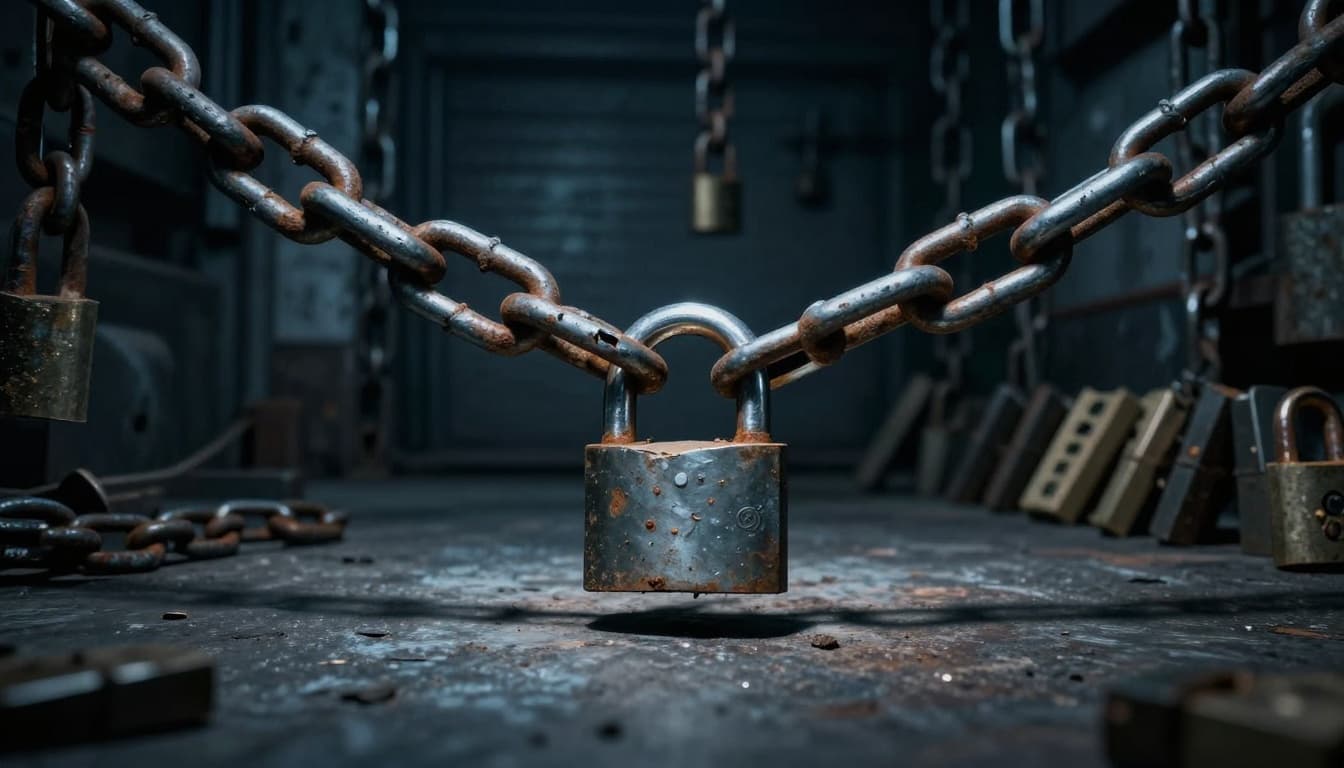 A chain of rusty padlocks linked on a metal chain in a dark warehouse, with the first padlock broken open via a cut link, implying a domino effect of vulnerability, cinematic style with dramatic lighting and muted tones.