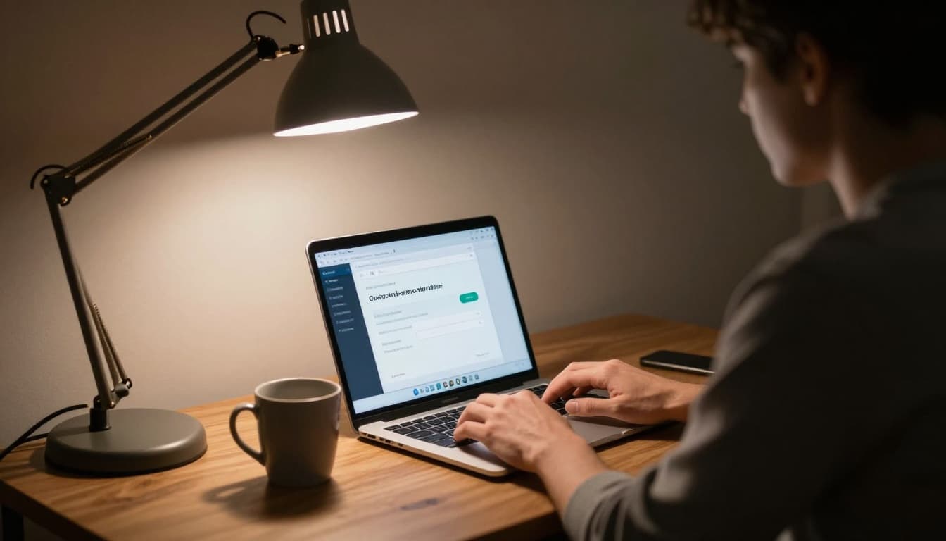 A focused adult sits at a wooden desk in a dimly lit home office, with a laptop open to a blurred password manager interface viewed from the side, hands near the keyboard and a coffee mug nearby, under dramatic desk lamp lighting.