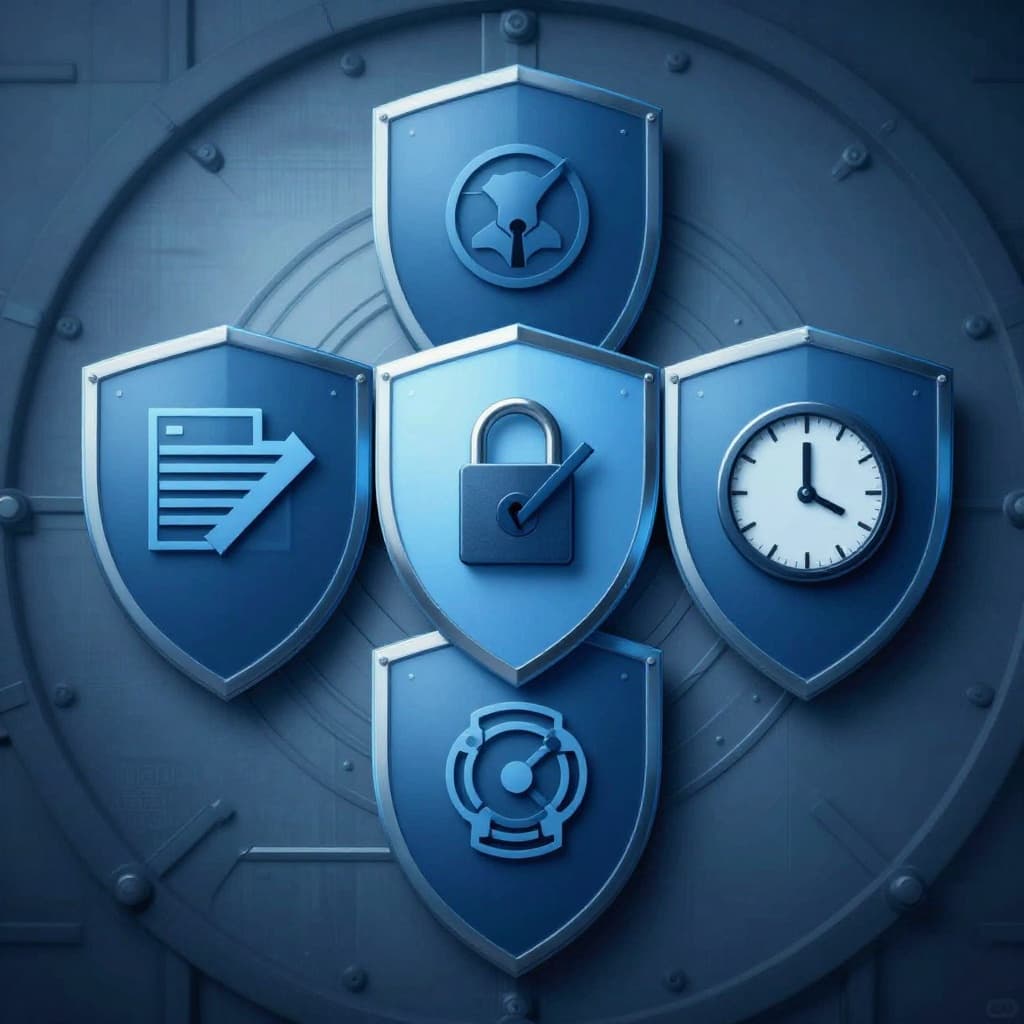 Three shields symbolizing confidentiality (padlock and private files), integrity (checkmark and no tampering), and availability (network and uptime clock) arranged in a triangle on a secure vault background, in cinematic style with cool blue tones.