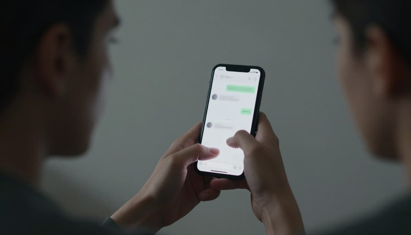 One adult in a dimly lit room holds a smartphone showing a blurred notification popup with no text, displaying a concerned expression while gazing at the screen with a relaxed grip. Dramatic cinematic lighting creates deep contrasts and shadows on the wall in a strong neutral palette.