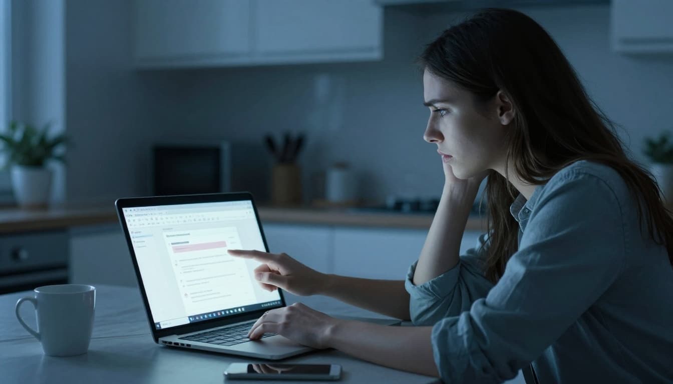 A young professional woman in her mid-20s with a concerned expression sits at a kitchen table, her laptop displaying a blurred inbox with a suspicious phishing message, hand paused above the trackpad.