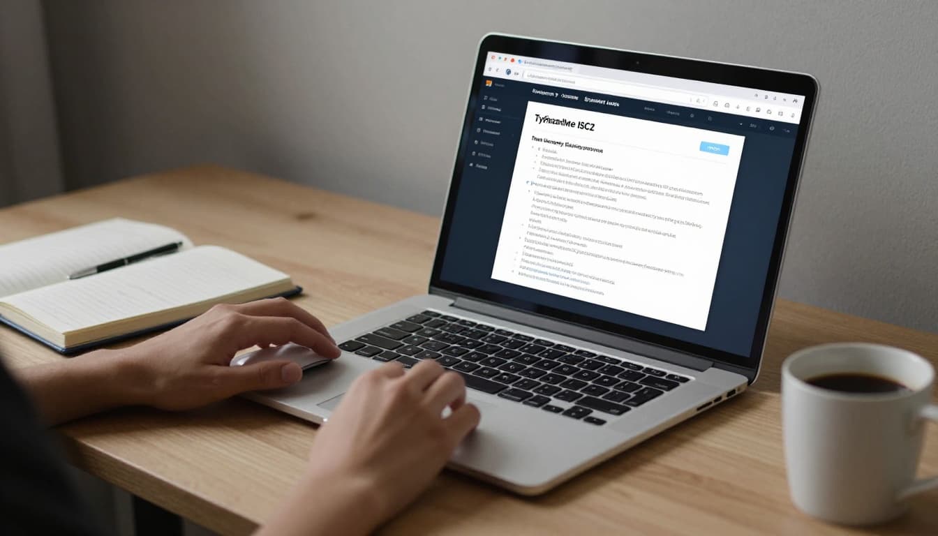 A cozy home office desk features a laptop angled to display a blurred beginner cybersecurity course interface, an open notebook listing free resources like TryHackMe and ISC2, a coffee cup, and relaxed hands resting on the mouse. Cinematic lighting with strong contrast and neutral tones emphasizes a focused yet relaxed learning environment.