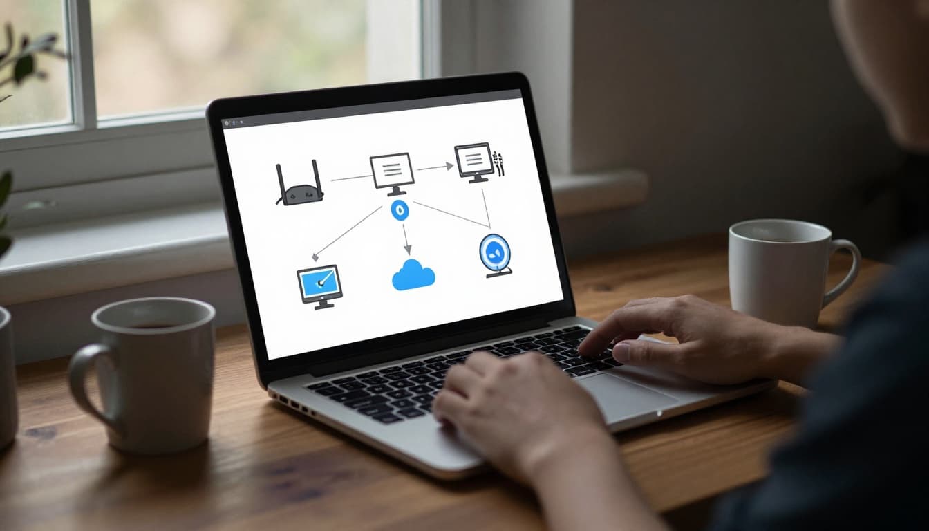Modern laptop on wooden desk displays simple network diagram featuring computer icons, router, and internet cloud; softly glowing keyboard, coffee mug nearby, one person's hands resting near edge in cinematic cozy home office with dramatic lighting.