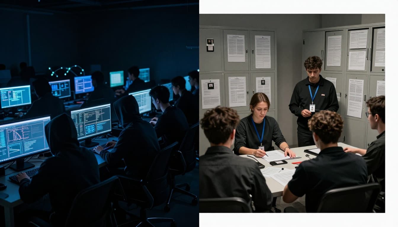 Split-screen composition contrasting digital cybersecurity threats like hackers and locked networks on the left with physical infosec elements such as secure cabinets, badges, and training on the right, in a cinematic style with dramatic lighting and cool blue tones.