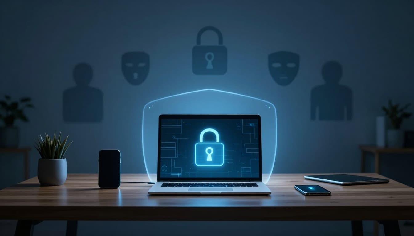 Digital devices like a laptop, smartphone, and tablet on a wooden desk in a modern home office, enveloped by a glowing protective shield against shadowy cyber threats such as locks and masks.