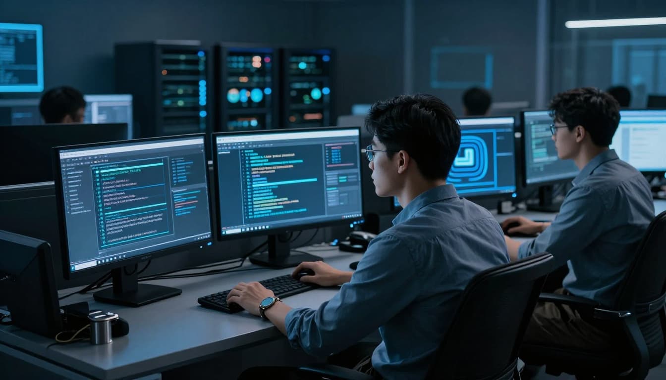 Office scene with a three-person cybersecurity team monitoring screens for threats, one analyst identifying a phishing alert with servers in the background, rendered in cinematic style with strong contrast, depth, dramatic lighting, and cool blue tones.