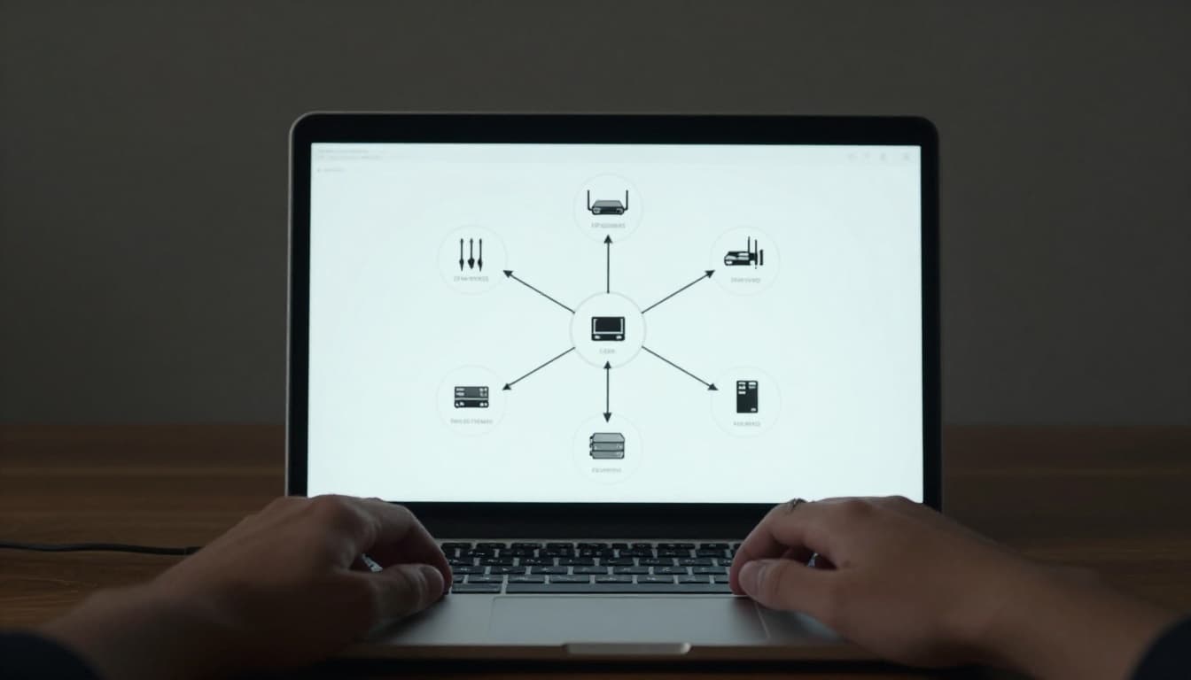 Clean workspace with laptop displaying basic network diagram including IP addresses, routers, and servers, plus notebook open to cyber threat notes like phishing and malware. Partially obscured hands rest nearby in cinematic style with strong contrast, depth, and dramatic lighting, focusing on desk setup.