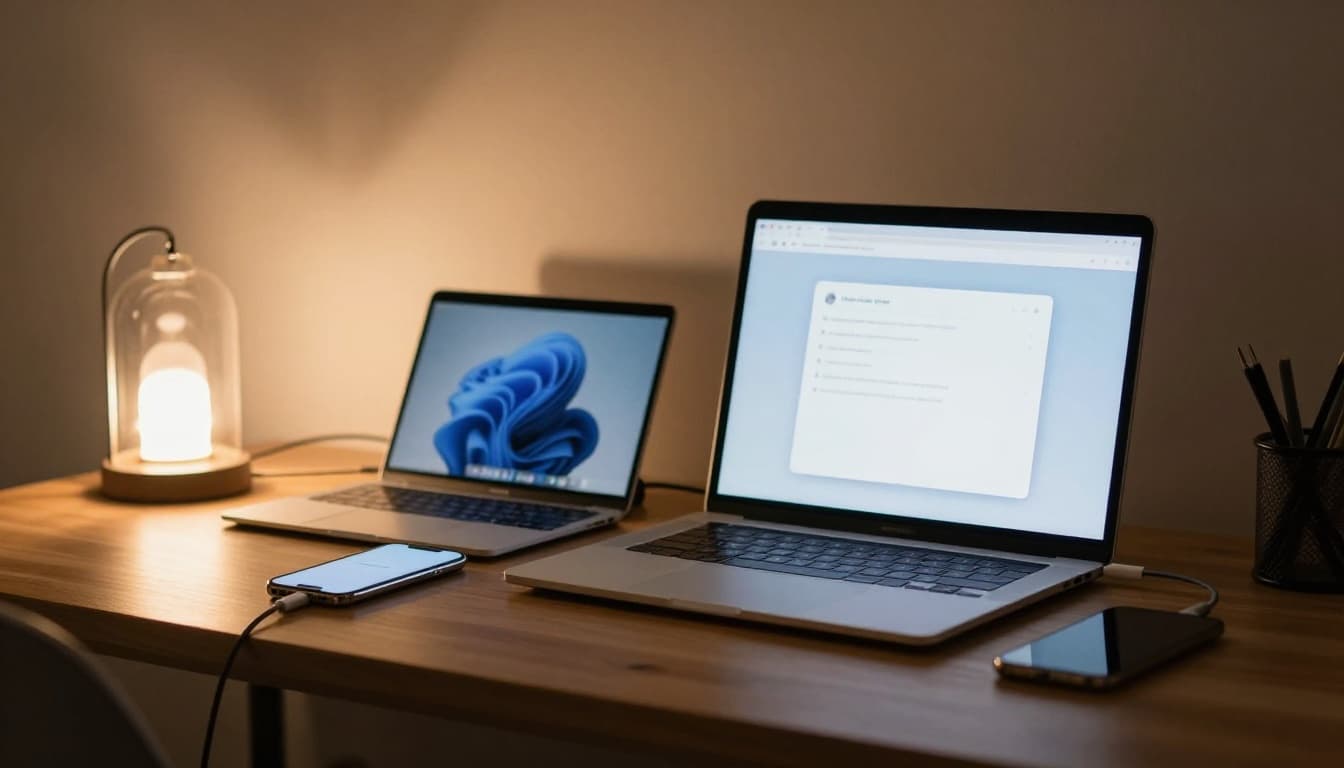 Smartphone, laptop, and tablet on a wooden desk with charging cables connected, screens softly glowing to suggest updates in progress, blurred with no readable text, in a cozy late-evening home office with cinematic warm lighting.
