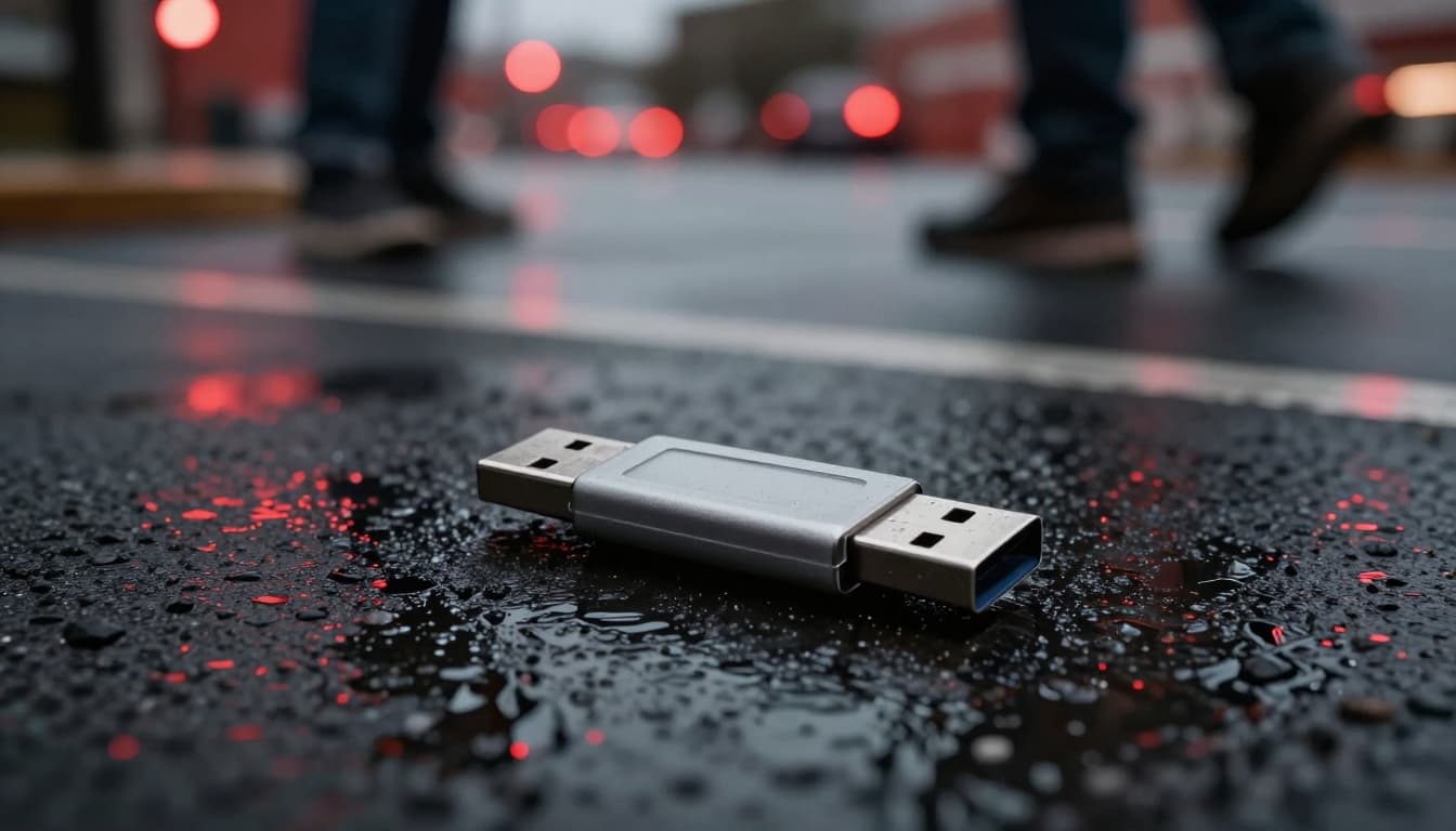 A close-up of a discarded USB drive on rain-slicked parking lot pavement at dusk, featuring dramatic shadows, neon light reflections, and a person walking away unaware in the background. This cinematic image illustrates a USB baiting tactic in social engineering.