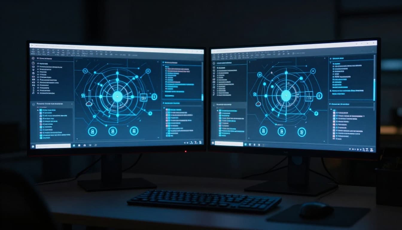 Computer setup with dual monitors displaying blurred abstract security network graphs and alert icons, keyboard and mouse on a dark desk, illuminated by blue glow from screens in a dim room with cinematic style, strong contrast, and dramatic backlighting.