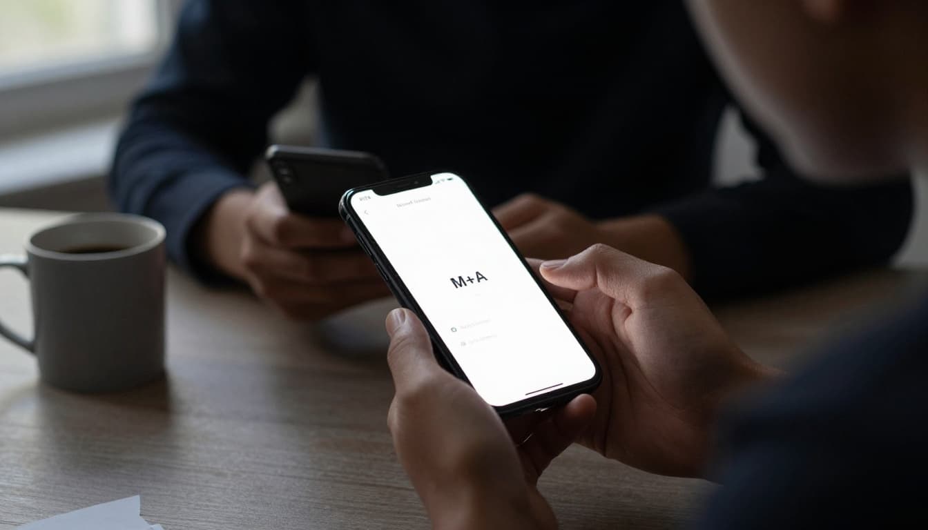 A calm, focused person enables multi-factor authentication on their phone next to a computer in a simple desk setup with a coffee mug, illuminated by soft window light in a cinematic style.