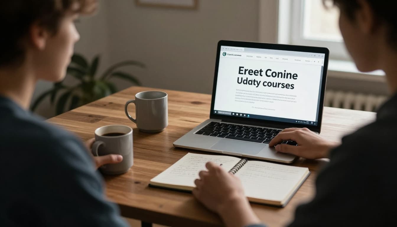 A focused young adult student sits at a wooden desk in a cozy home office, laptop open to an online cybersecurity course, notebook with notes and coffee mug nearby. Cinematic style with strong contrast, depth, dramatic lighting, and warm tones.
