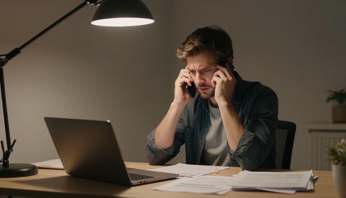 Frustrated adult at a desk on a phone call for support, with a nearby laptop showing an open account page from the side and scattered ID papers. Cinematic style featuring strong contrast, depth, dramatic overhead lamp lighting, neutral warm tones, and muted palette; screens blurred, no text visible.