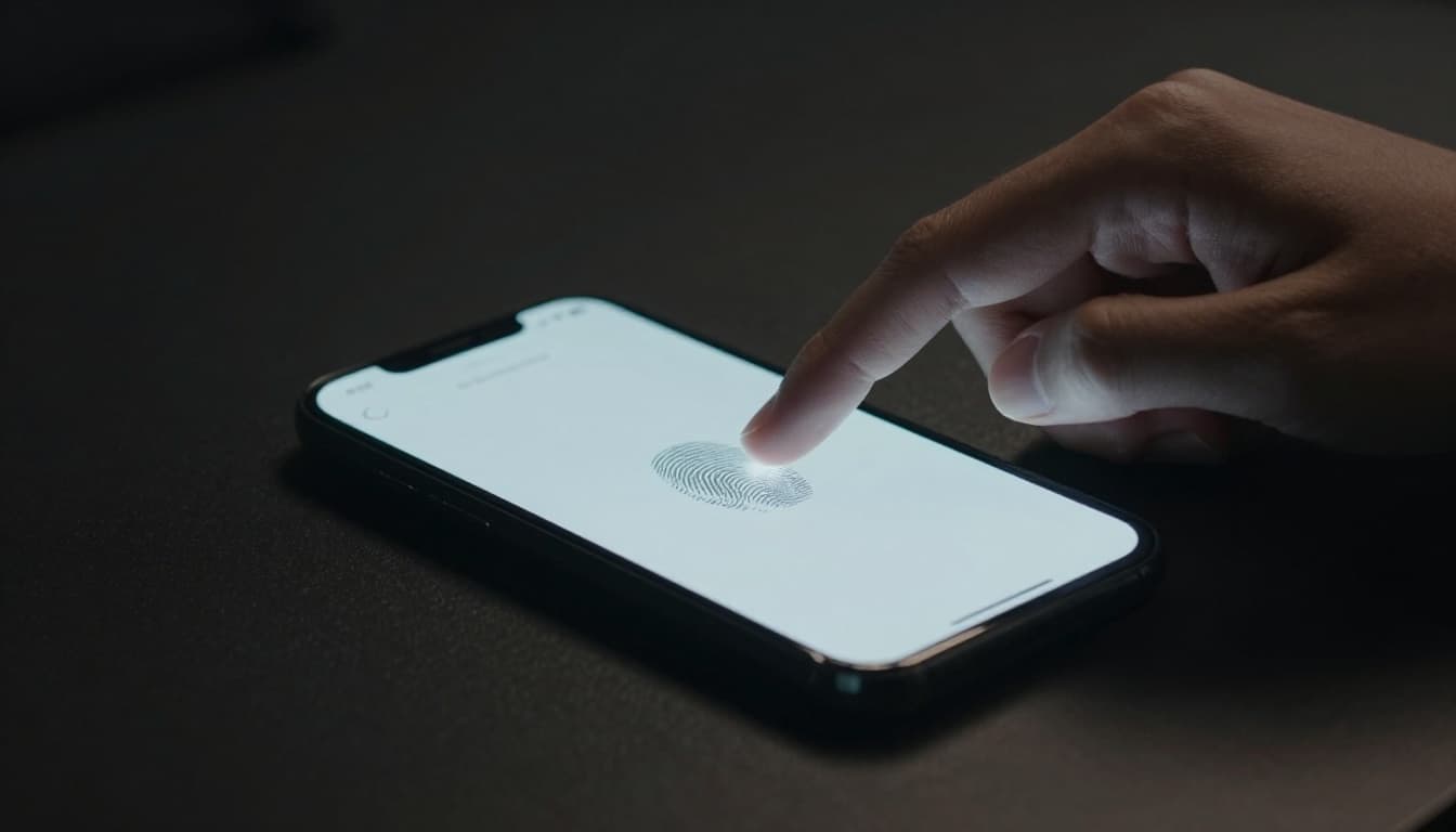A close-up of a single hand pressing a fingerprint scanner on a modern smartphone screen in a dimly lit room. The phone glows softly with cinematic style, strong contrast, and dramatic side lighting.