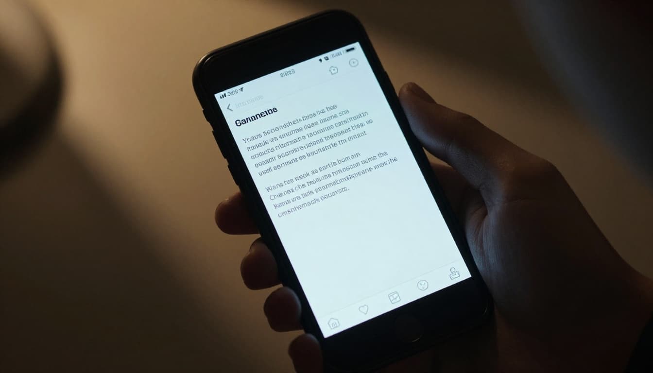 Close-up of a hand holding a smartphone displaying a blurred urgent scam text message about an account hack, in a dim room with tense atmosphere, cinematic style, strong contrast, depth, and dramatic overhead lighting casting shadows.