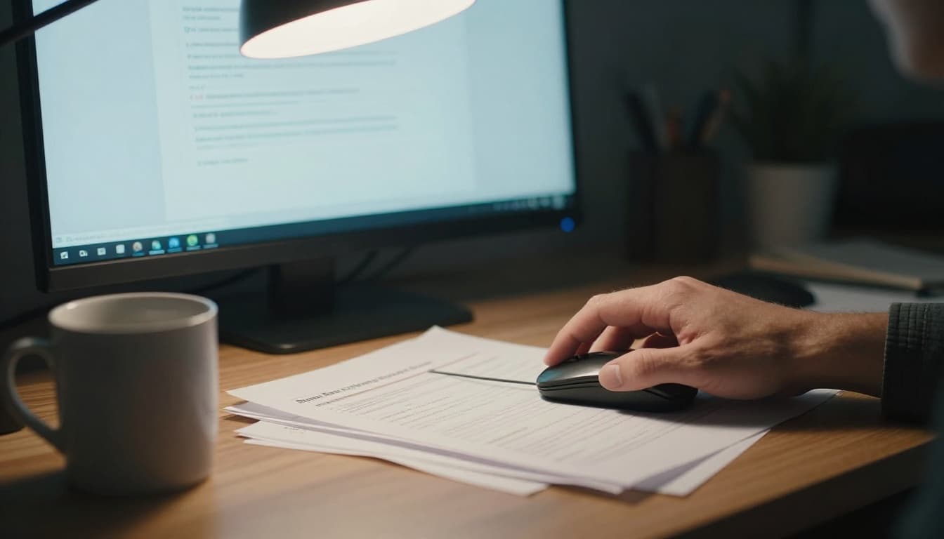 A person's hand hovers a computer mouse over a suspicious email link on a screen in a cluttered home office desk with papers and coffee mug, cinematic style with dramatic lighting emphasizing caution.