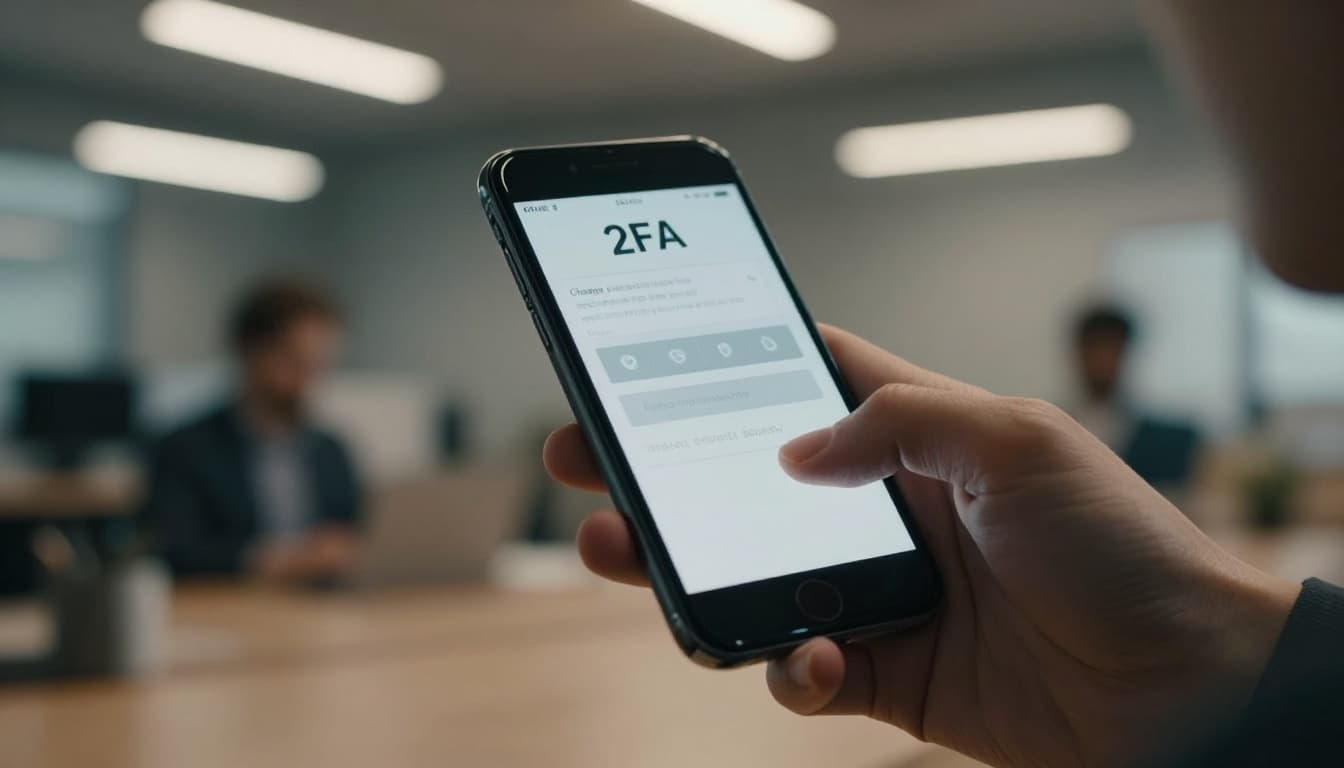 Smartphone held in two relaxed hands entering a two-factor authentication code on a login screen, with blurred office desk background, dramatic overhead lighting, high contrast shadows, and cinematic depth of field.