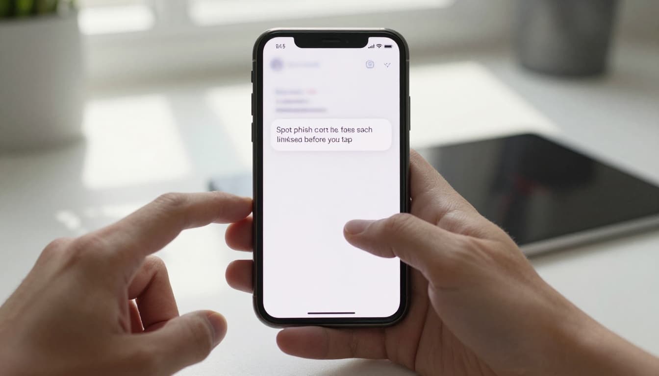 A smartphone on a table displays a blurred suspicious text notification, with a single hand hovering hesitantly above it in a thoughtful pause. Set in a modern home with soft natural light, cinematic composition highlights tension and caution.