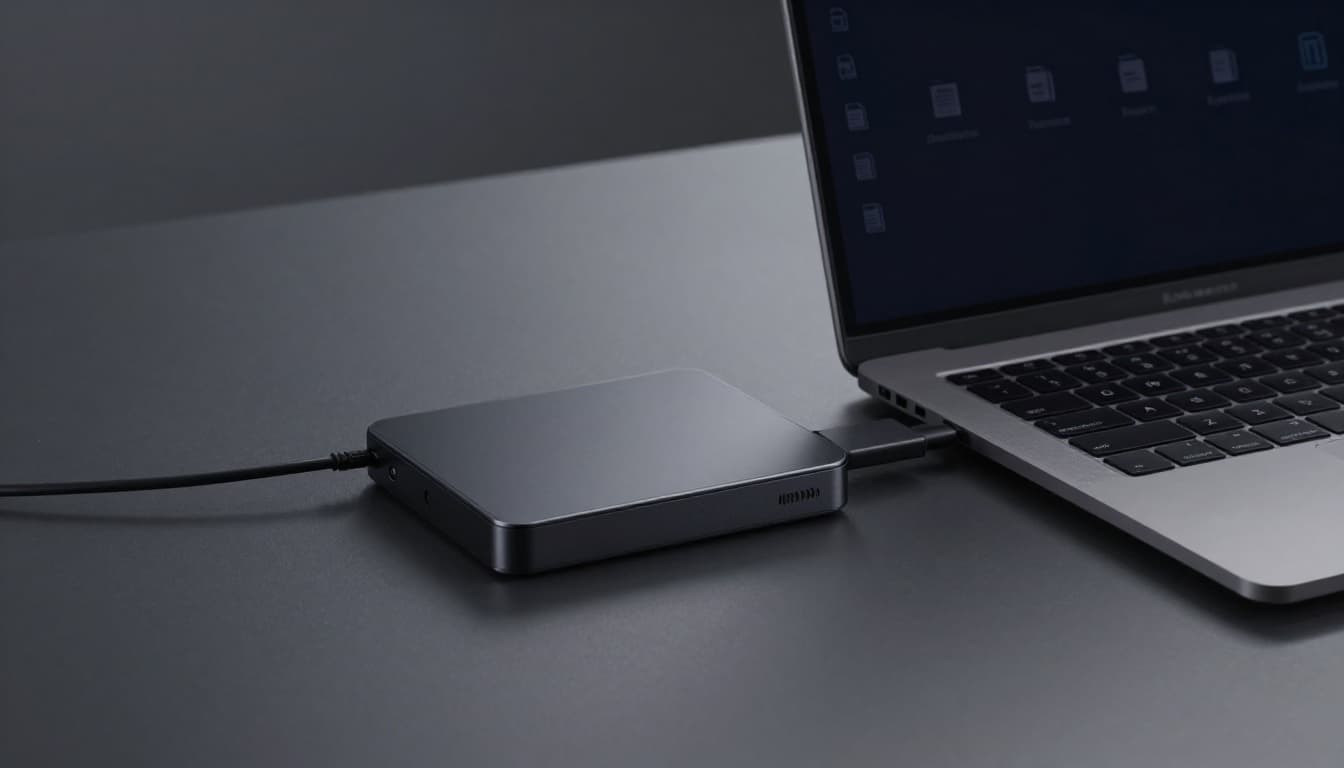 External hard drive connected to laptop with files, documents, and photos icons transferring on subtle screen glow, clean desk setup, side view composition, cinematic style with strong contrast, depth, and dramatic lighting.
