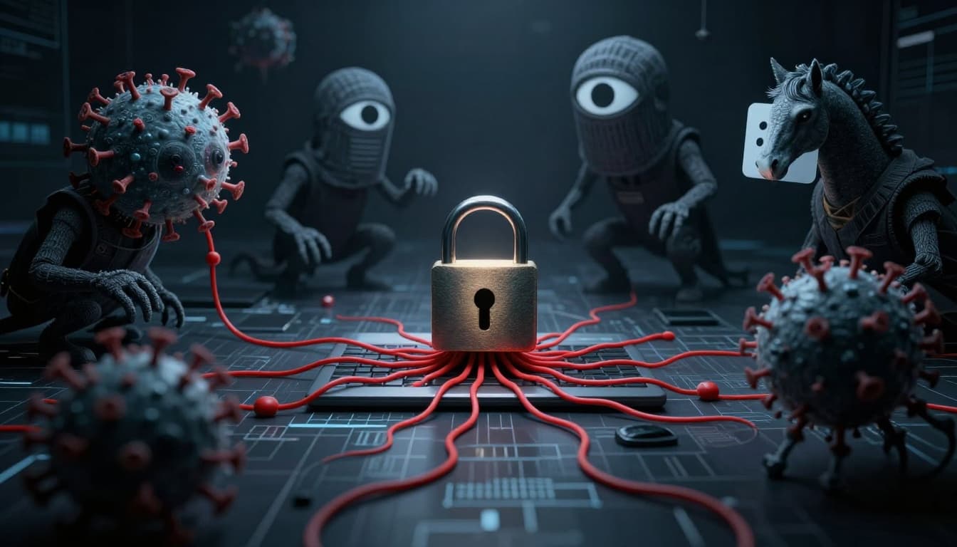 Dramatic cinematic illustration of key malware threats in dark blue-gray cyberspace: spreading computer virus with red tendrils, ransomware padlock encasing documents, spyware eye peering from shadows, and trojan horse disguised as a safe app icon.
