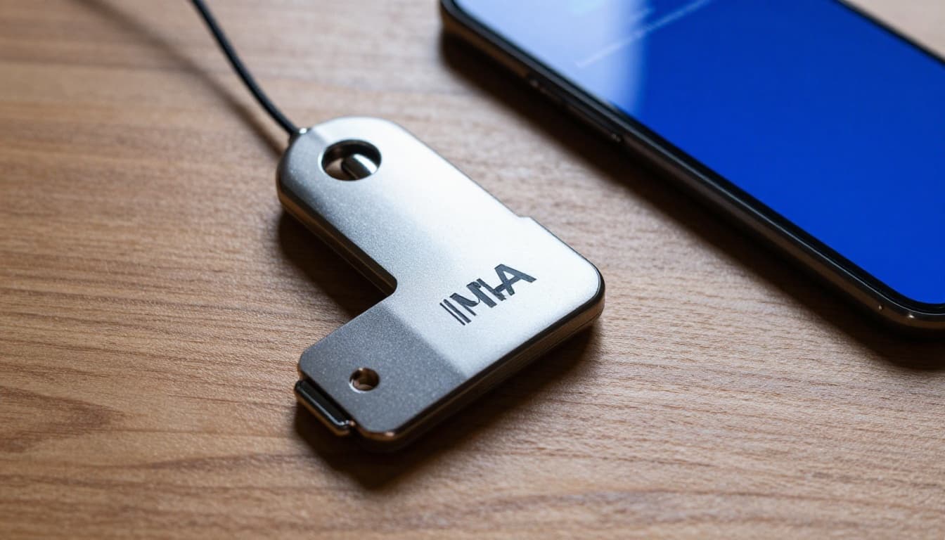 A hardware security key placed next to a phone displaying an authenticator app on a wooden table, featuring subtle shadows, strong contrast, and dramatic cinematic lighting in deep blue and silver tones.