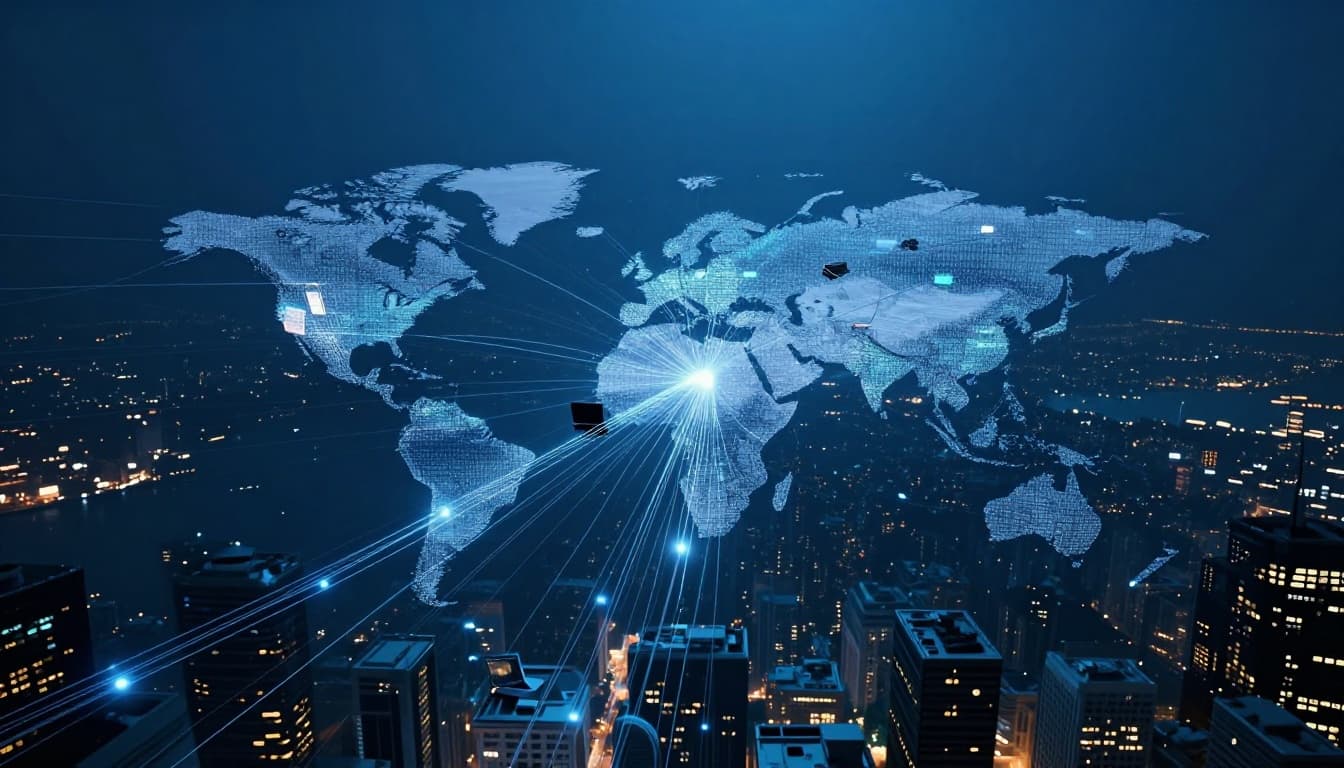 Data packets travel from a laptop to distant servers across oceans via fiber optic cables and satellites, splitting and rejoining paths in an urban-oceanic landscape with cinematic blue tones.