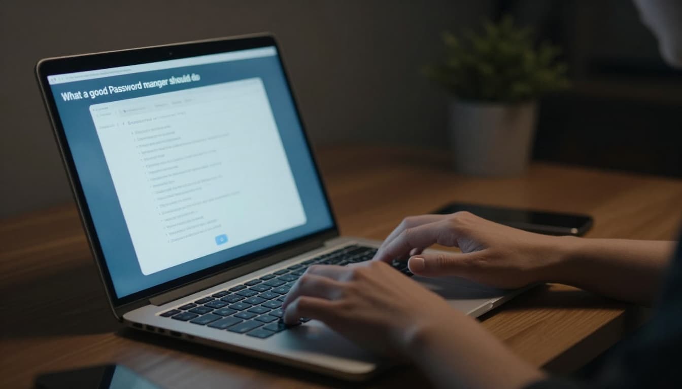 A person sits relaxed at a desk in a home office at night, using a laptop with a password manager app open, hands resting naturally on the keyboard amid soft screen glow and dramatic cinematic lighting.