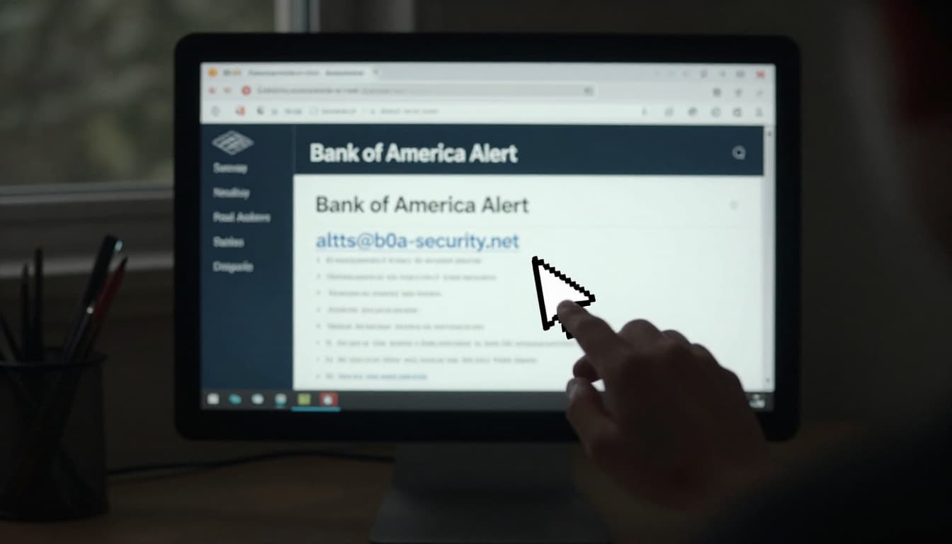 Computer screen in a dimly lit home office showing an email inbox with a highlighted suspicious email displaying 'Bank of America Alert' but revealing fake sender address 'alerts@b0a-security.net'. Mouse cursor hovers over it in cinematic style with dramatic lighting and strong contrast.