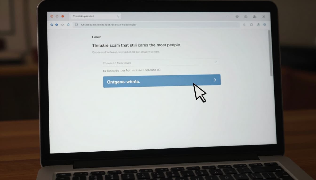 Close-up view of a laptop screen on a wooden desk displaying a blurred phishing email with urgent warning and suspicious button, in a dimly lit room with dramatic shadows.