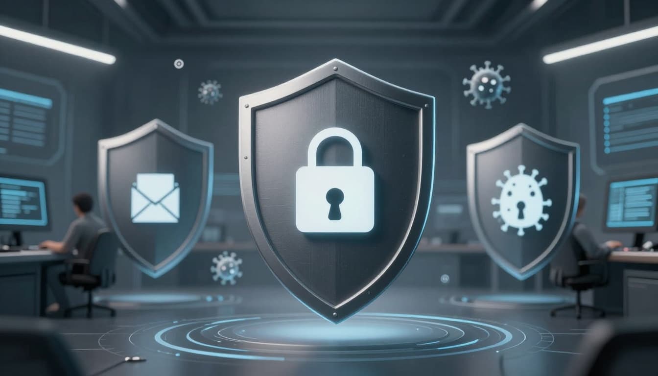 Abstract icons of phishing email, malware virus, and locked ransomware with shield barriers on a digital cyber defense background in cinematic high-tech style.