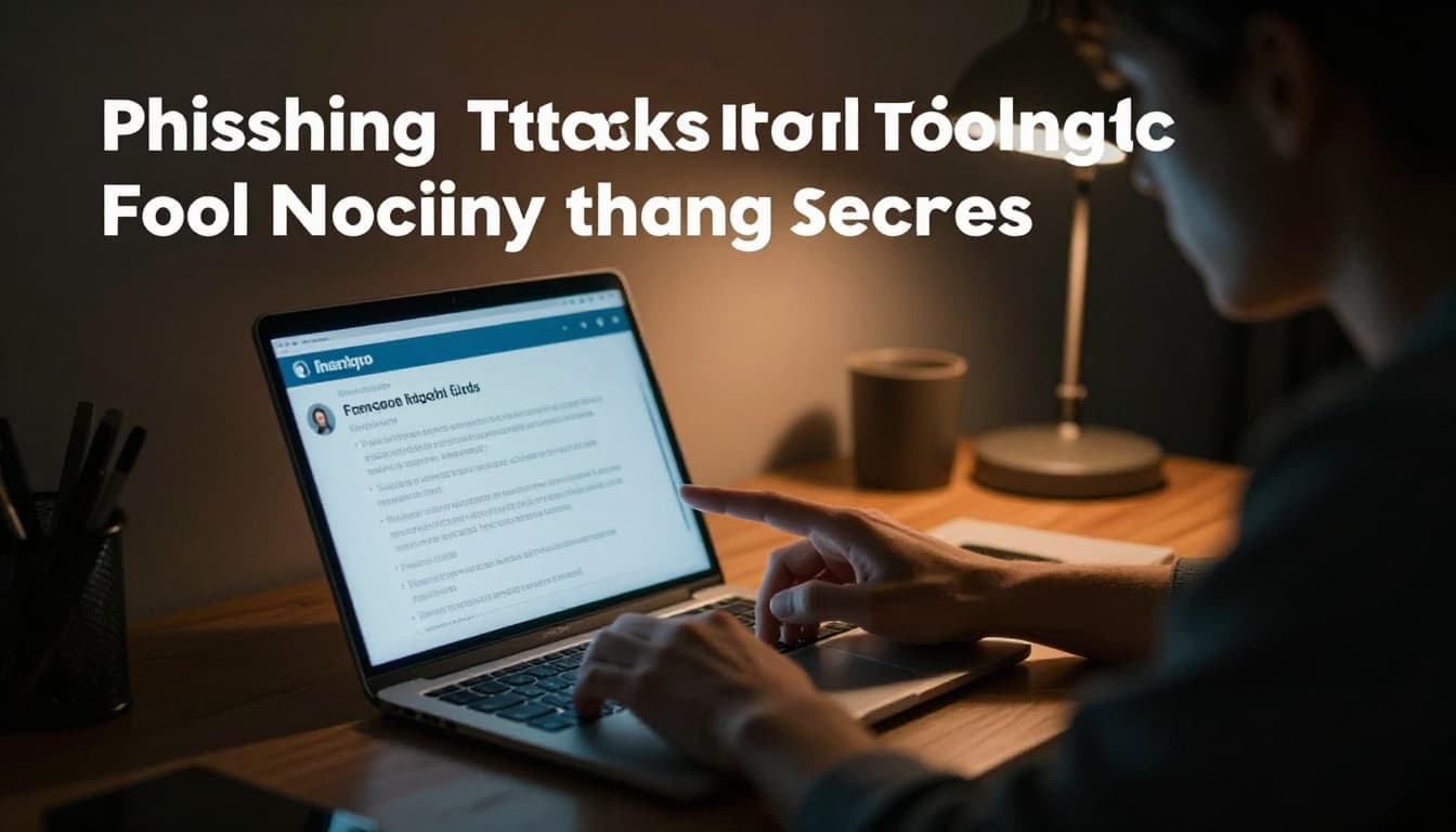 A lone person in a dimly lit home office stares suspiciously at a smartphone screen displaying a fake urgent text message, hand hovering hesitantly over it, with a modern laptop nearby and dramatic cinematic lighting from a desk lamp.