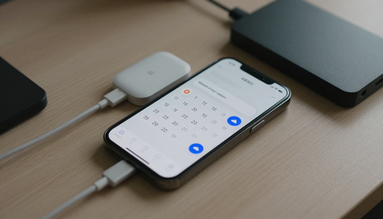 Smartphone screen shows blurred calendar app with circled update reminder, device charging at full battery next to external hard drive and cloud icon on a simple desk in morning light, cinematic style with strong contrast.