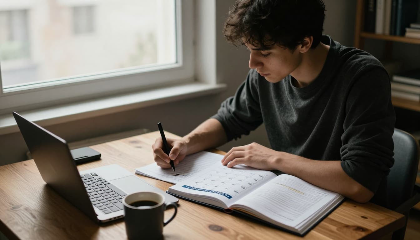 A focused young professional in their mid-20s sits at a wooden desk in a cozy home study, marking a calendar with cybersecurity learning goals, notebook open, coffee mug nearby, and laptop screen off.