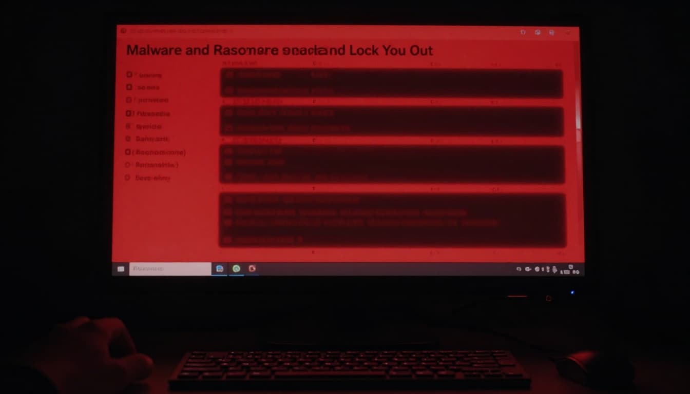 A blurred red ransomware warning overlays a locked computer screen in a dark room illuminated by the screen's glow, with keyboard and mouse in the foreground and cinematic red-black tones emphasizing the infection aftermath.