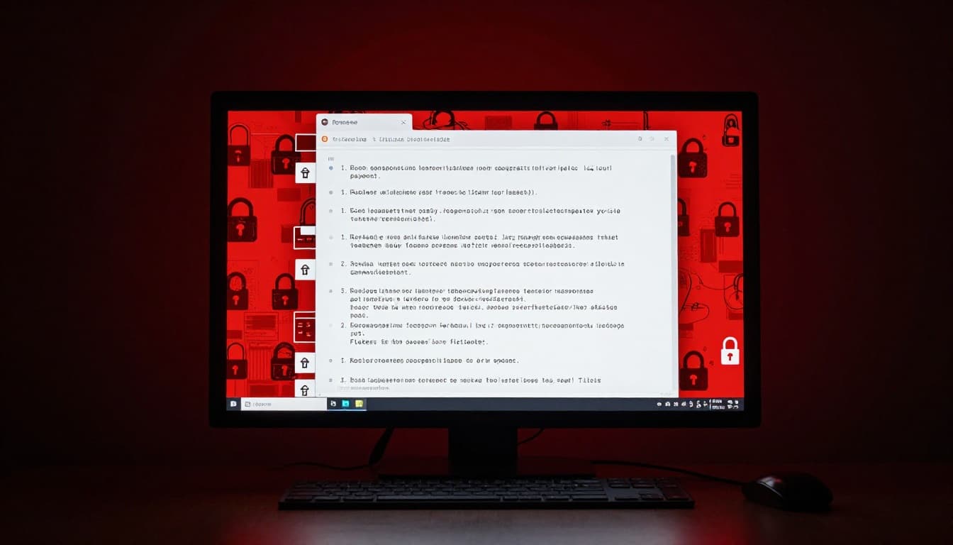 Computer screen displaying locked files with ransomware warning in dominant red tones, keyboard and mouse in foreground, dark room with dramatic shadows and cinematic screen glow lighting.