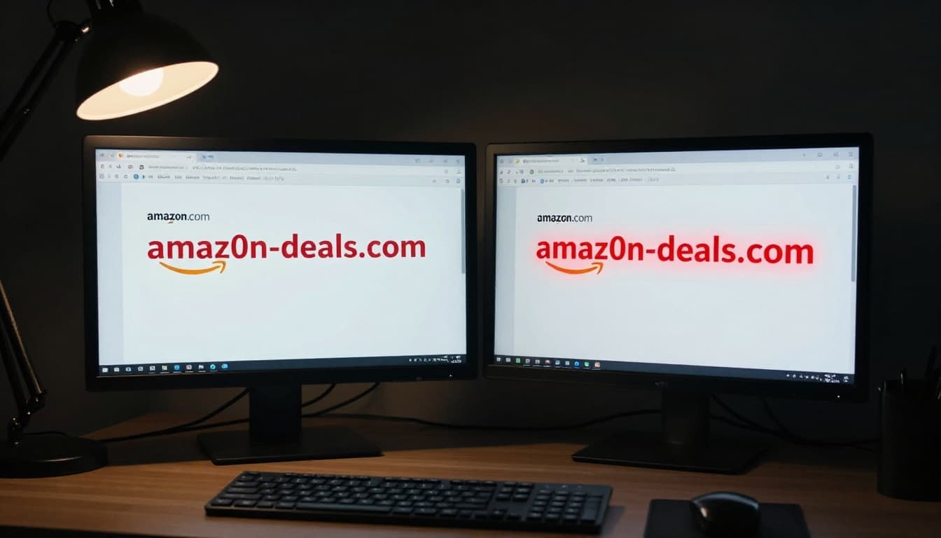 Close-up computer screen displaying legitimate amazon.com and fake amaz0n-deals.com browser tabs side by side, with red glow highlighting subtle differences on the fake URL, in an office desk setting with keyboard and mouse.
