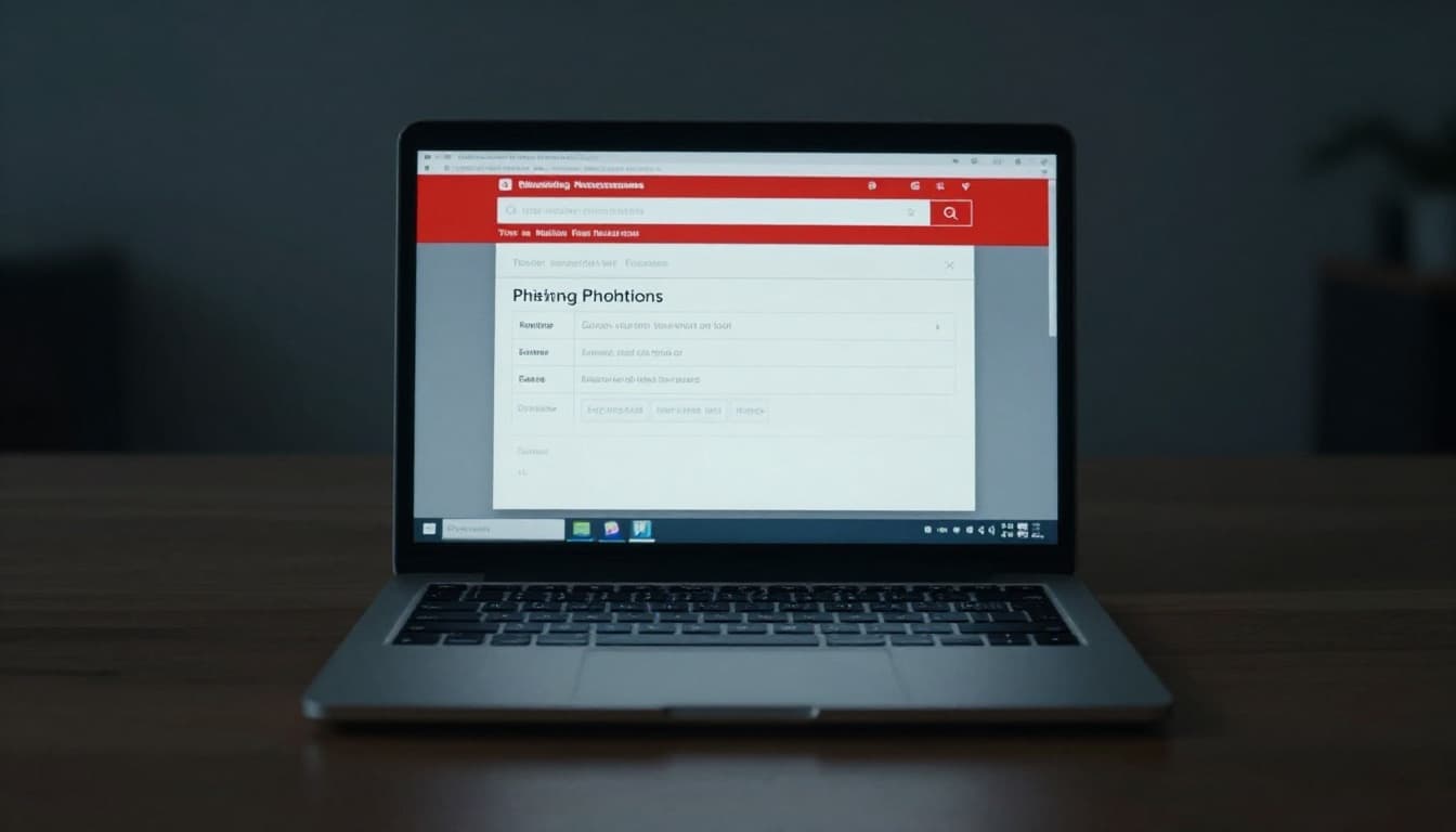 Laptop screen displaying a realistic phishing email with urgent red banner and mismatched sender on a wooden desk in a dimly lit room. Cinematic style with dramatic lighting, strong contrast, and muted desaturated palette.