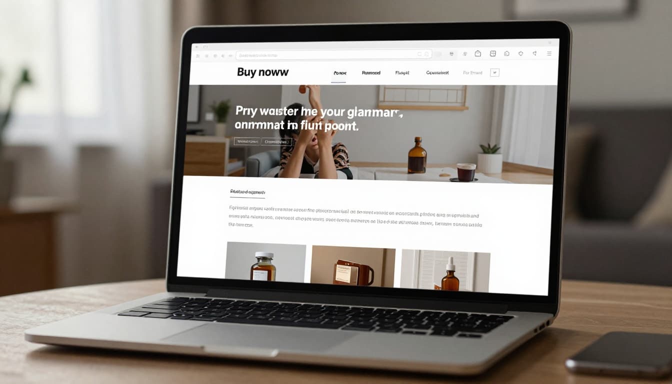 Laptop screen in a living room shows a suspicious website with poor grammar, awkward text, fake reviews, and mismatched product images, highlighted by subtle errors like 'Buy noww'. Cinematic style with soft natural light, strong contrast, depth, and dramatic lighting, exactly one laptop visible on coffee table.