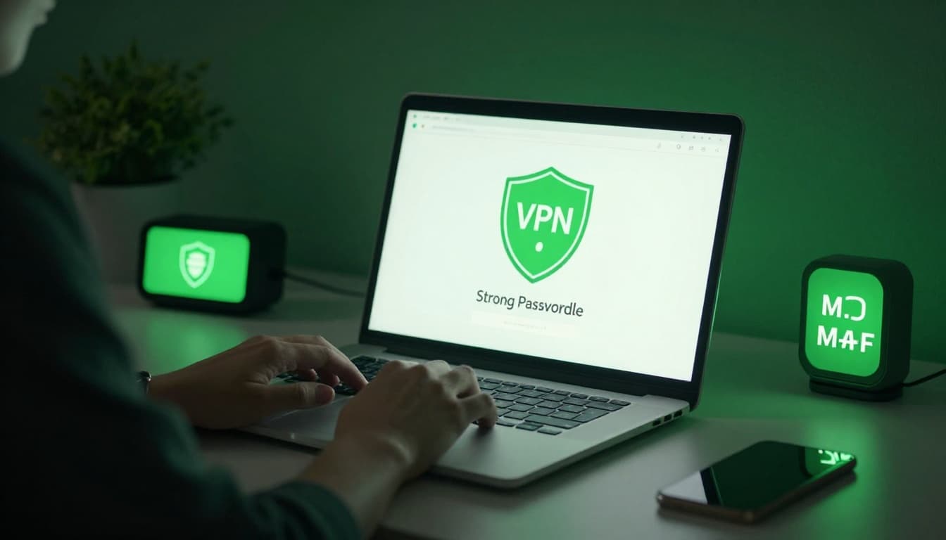 A person relaxes at a home office desk using a laptop displaying VPN shield, password manager app, and MFA notification, with a secure WiFi router nearby. Glowing protective elements in cinematic style with green safety tones and dramatic lighting.