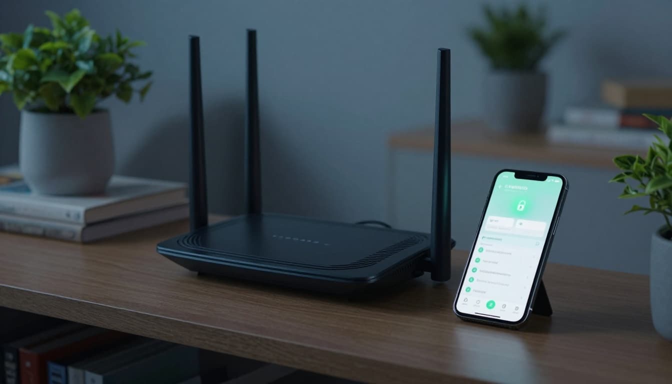 Modern Wi-Fi router on a living room shelf with a smartphone showing blurred network settings and a subtle green secure lock glow, in a cozy still life composition with cinematic lighting and muted blue tones.