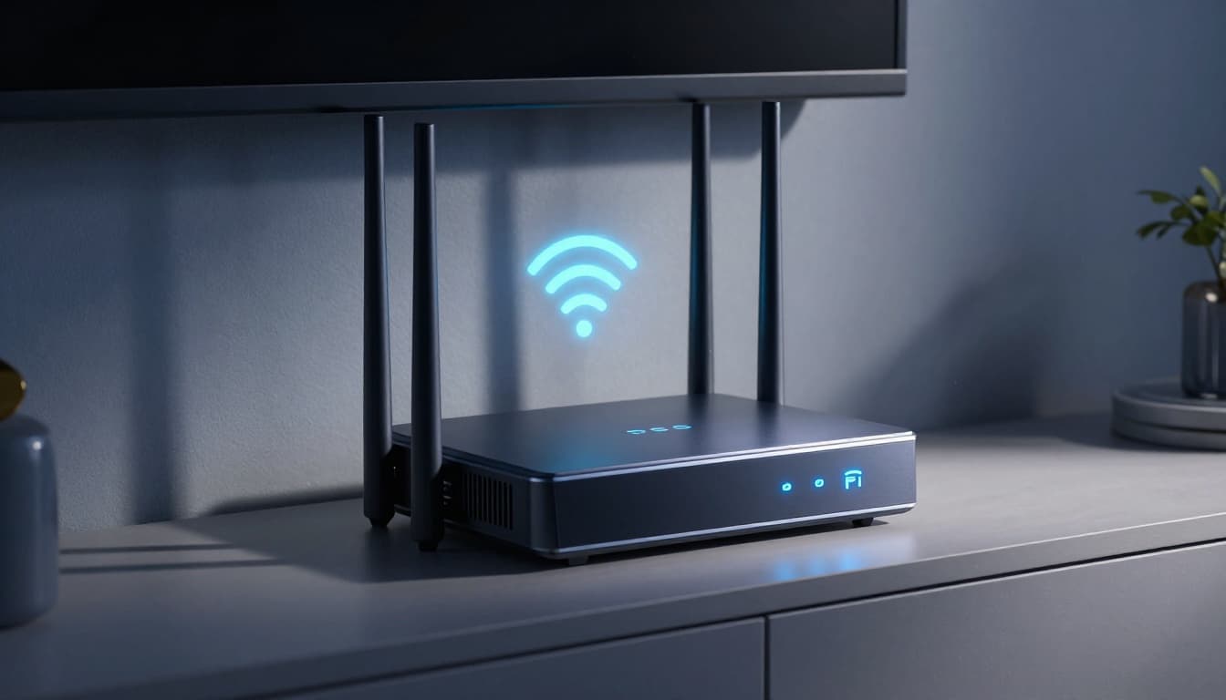 Home router connected to network cables on a shelf in a modern living room, with subtle glowing WiFi signal icons in the background, cinematic style with strong contrast and dramatic lighting.