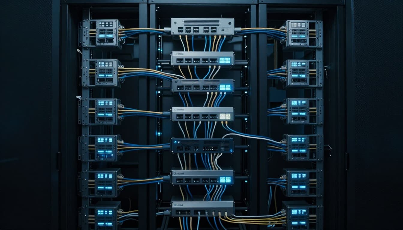 Data packets flowing securely through network infrastructure featuring routers, firewalls, and exactly two connected devices in a dimly lit server room, rendered in cinematic style with muted blue-gray tones, strong contrast, and dramatic lighting.