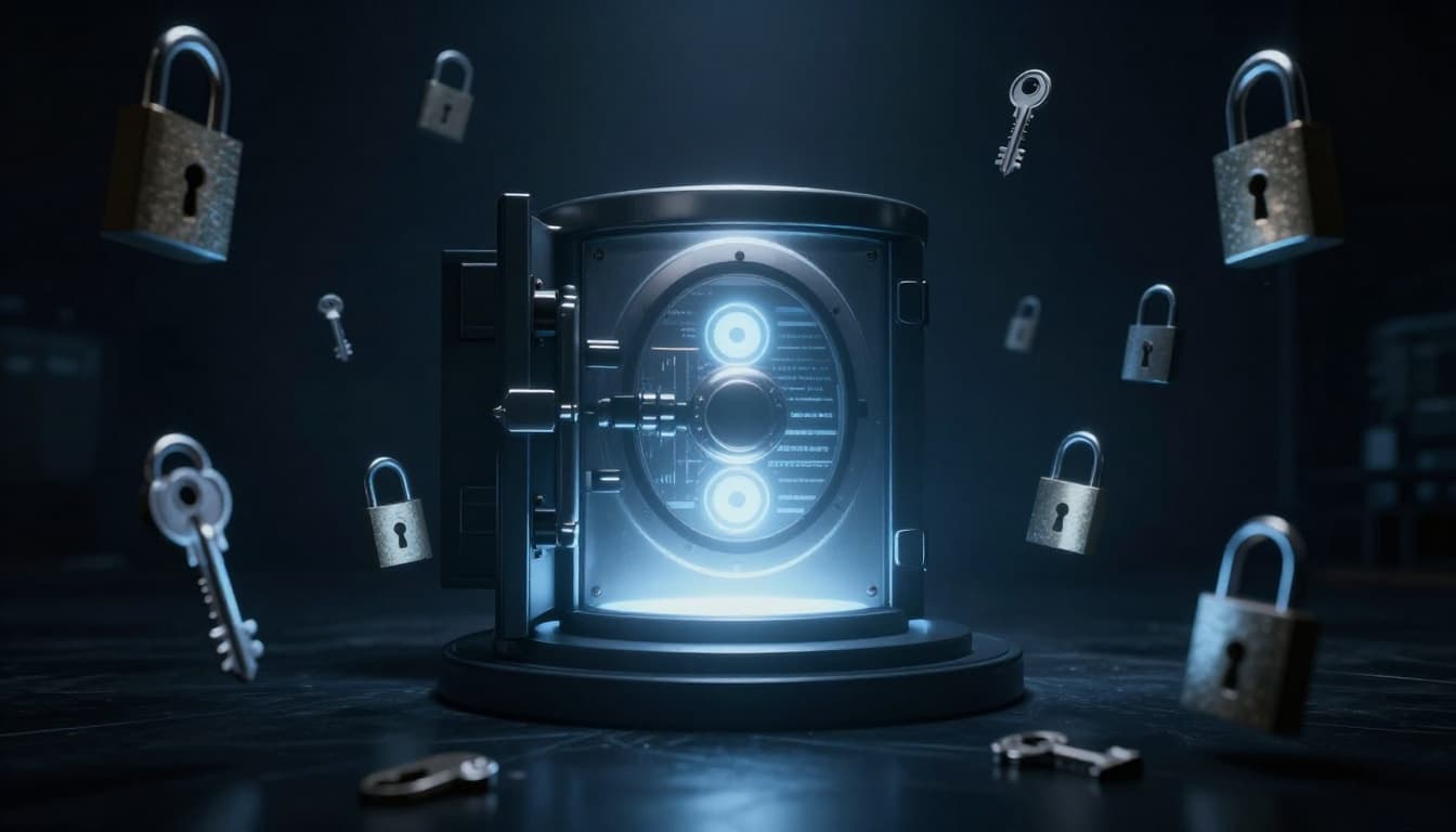 A glowing secure digital vault in a dark room surrounded by floating ethereal locks and keys, cinematic style with dramatic spotlight lighting in deep blues and silvers.
