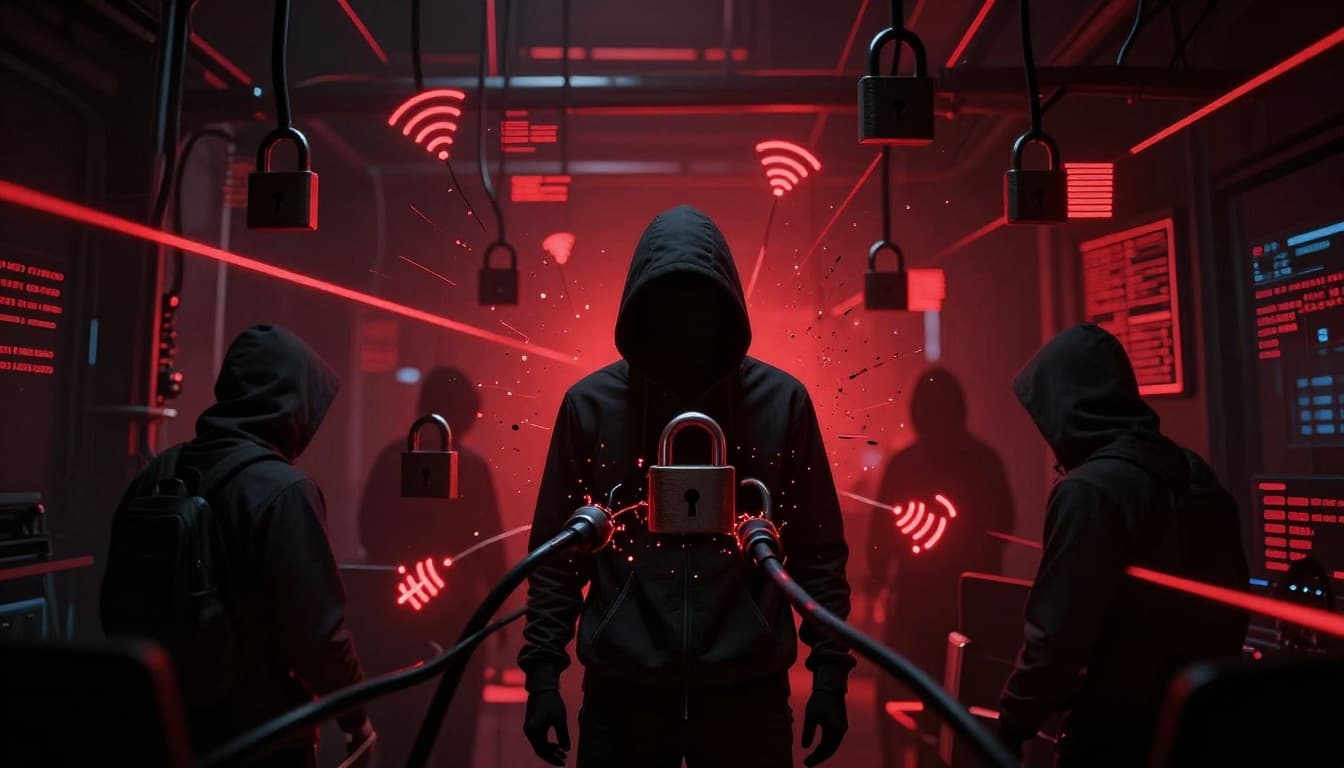 Shadowy figures representing hackers intercepting data packets in transit over networks, with locks breaking on cables and WiFi signals in a dark cyber environment with glowing red alerts.